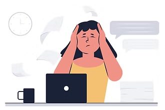 Illustration of a stressed business owner at her laptop surrounded by papers